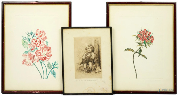 Lotto composto da due litografie raffiguranti fiori firmate Olga Hirigat ed un'incisione raffigurante bambina seduta, misure max cm 30,5x22,5, XX secolo, entro cornici.