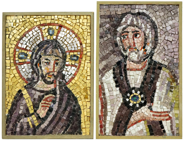 "Gesù dinnanzi a a Caifa" e "L'ultima cena" due mosaici tratti dalle scene cristologiche di Sant'Apollinare Nuovo a Ravenna, XX secolo, misure max cm 28,5x16,5, entro cornici