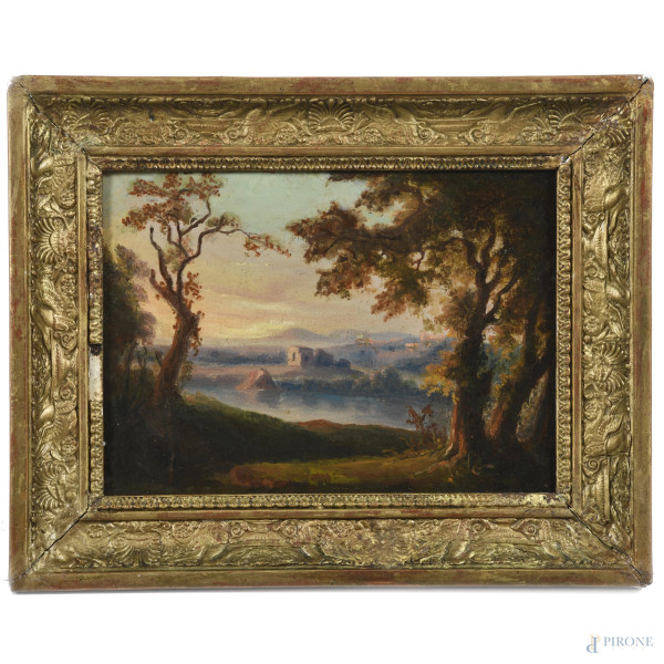 Paesaggio lacustre, XIX secolo, olio su tela, cm 16x22, entro cornice, (lievi segni di usura, craquelure)