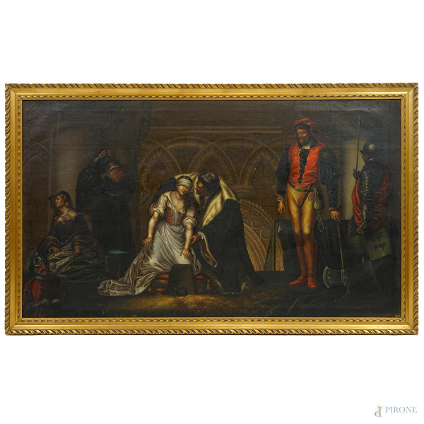 L'esecuzione di Lady Jane Grey, da Paul Delaroche (Parigi, 1797-1856), olio su tela, cm 82.5x142.5, entro cornice