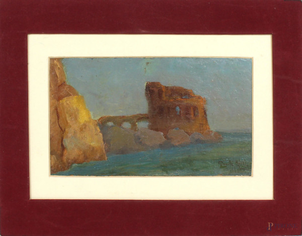 Torre saracena Amalfi, olio su cartone, cm. 16x29, firmato.