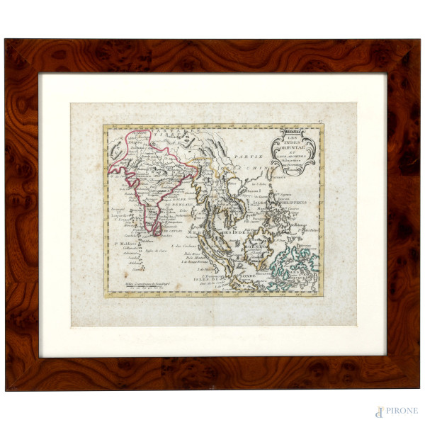 Indie Orientali, incisione cartografica, XX secolo, cm 33x41 compreso passepartout, (umidità, foxing, gore, piegature)