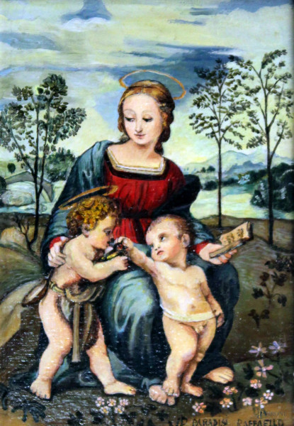 Madonna del cardellino, olio su tavola, cm 10,5x15,5, entro cornice firmata.