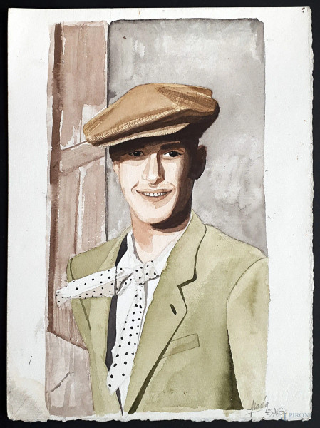 Artista del Novecento, bozzetto di moda maschile anni 50, acquarello su carta, cm 21x28, firmato e datato