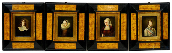 Lotto di quattro ritratti di nobiluomini e nobildonne, olio su cartone, cm 15x11, firmati, entro cornici.