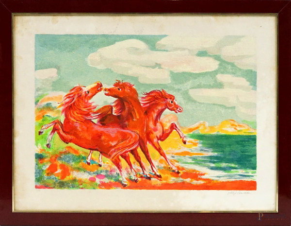 Aligi Sassu - Cavalli, litografia a colori, cm 60x80, es.17/150, recante timbro a secco, entro cornice, (lievi difetti sulla carta).