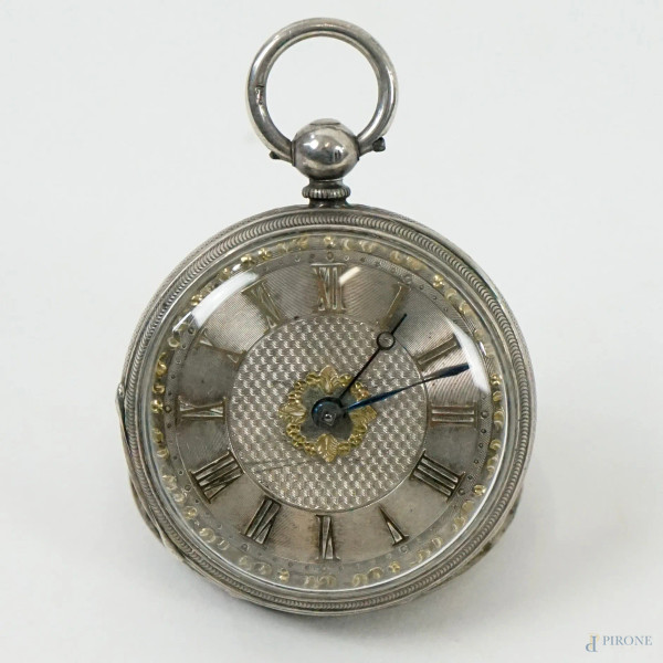 Orologio da tasca con cassa in argento, Inghilterra, XIX secolo, quadrante con numeri romani, diam. cm 4, (meccanismo da revisionare)