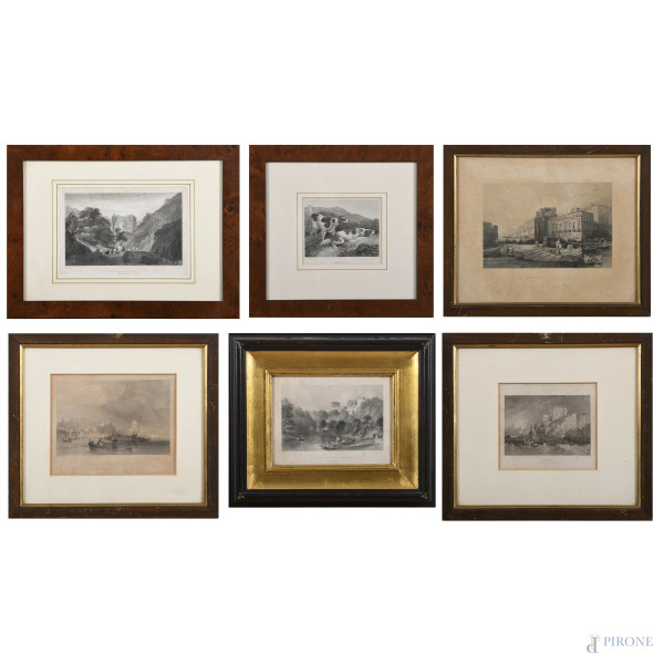 Lotto di sei stampe di vario soggetto, XX secolo, cm 24x34 compreso passepartout, entro cornice, (segni di usura, bruniture, tracce di umidità, foxing, gore, difetti)