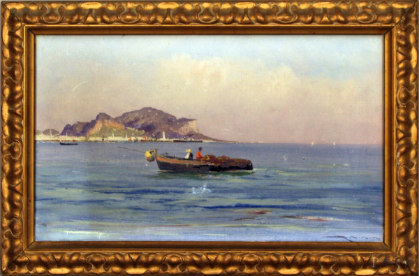 Scorcio di mare con imbarcazioni, olio su tela, cm. 31c51, firmato entro cornice.