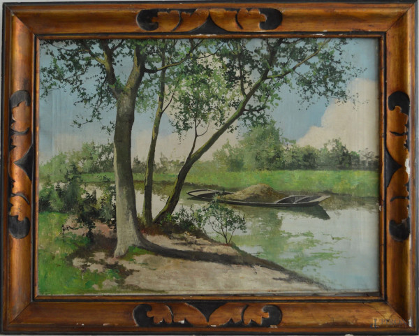 Paesaggio fluviale con barca, antico dipinto ad olio su tela 60x80 cm, entro cornice.