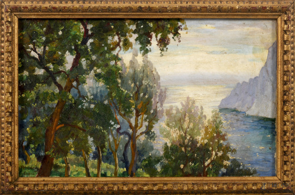 Capri, olio su tela, cm 25x40 entro cornice, XX secolo, firmato e titolato in basso a sinistra, (difetti)