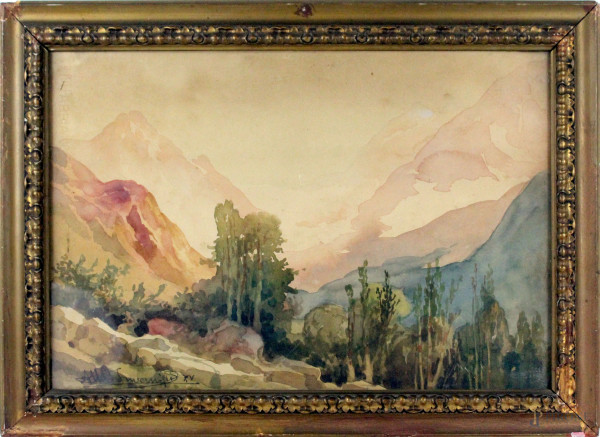 Attilio Invernizzi - Paesaggio montano, acquarello su carta, cm 32x47, entro cornice