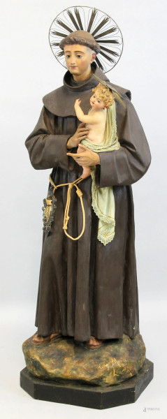 Giuseppe Manzo - Sant'Antonio con il Bambinello, scultura in cartapesta dipinta, firmato e datato alla base, alt. cm 126, (difetti alle dita del Bambinello)