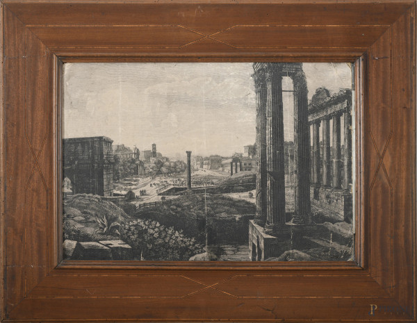 Stampa su carta applicata su cartoncino raffigurante veduta dei Fori, XIX secolo, cm 42x62, entro cornice, (segni di usura, lacerazioni, strappi, tracce di umidità, difetti)