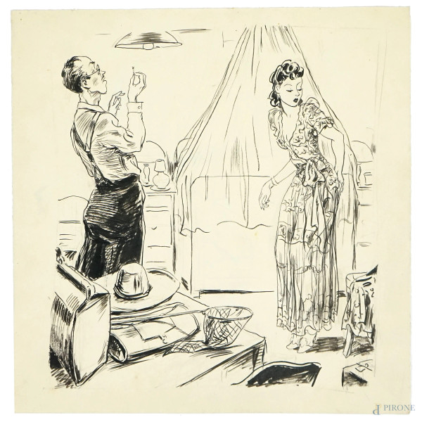 Luigi  Bompard - Scena familiare, china su carta, cm 24x23,5.