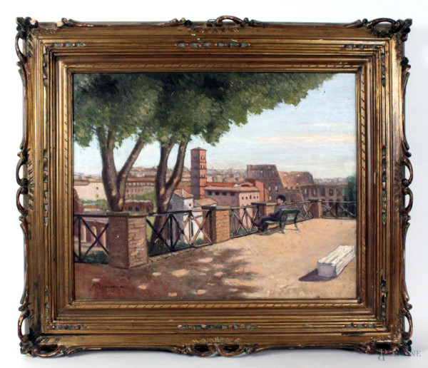 Veduta di Roma dal Gianicolo, olio su cartone telato, cm. 40x50, firmato A. Bompiani, entro cornice