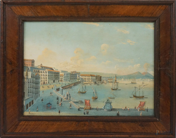 Scuola napoletana del XIX secolo, Veduta del Golfo di Napoli, acquarello su carta applicata su tavola, cm 35x49, entro cornice, (macchie sulla carta).