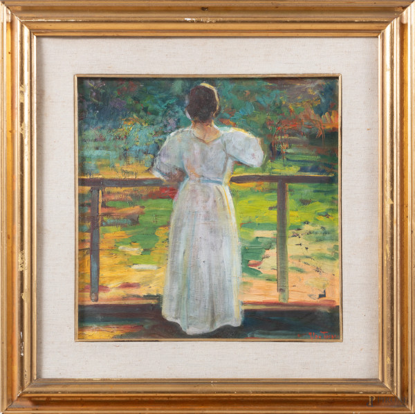 Donna di spalle, XX secolo, olio su tavoletta, cm 40x40, firmato in basso a destra, entro cornice, (fessurazioni del supporto, segni di usura)