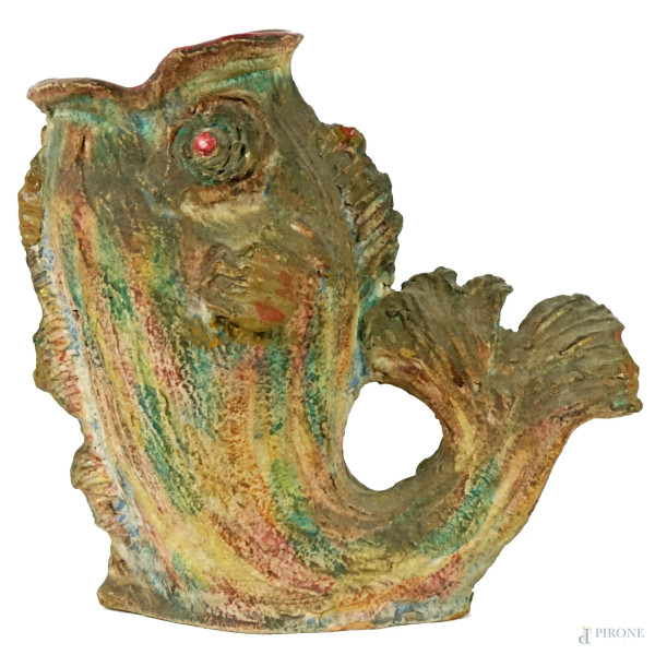 Vaso a foggia di pesce in ceramica policromia, IAMA Albisola, anni '50-'60, cm h 24x21