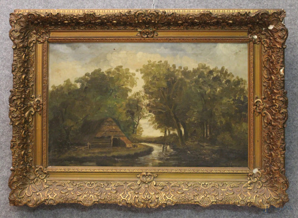 Paesaggio fluviale con alberi e capanna dipinto dell 800 ad olio su tela, 59x38 cm, entro cornice firmato.