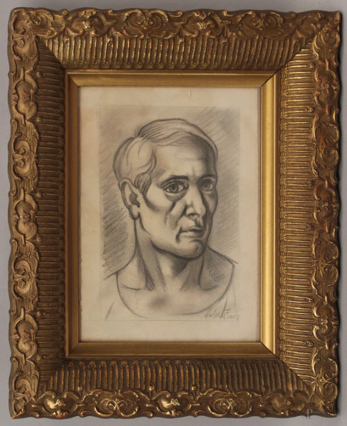 Volto d'uomo, disegno su carta, 17x23 cm, entro cornice firmato