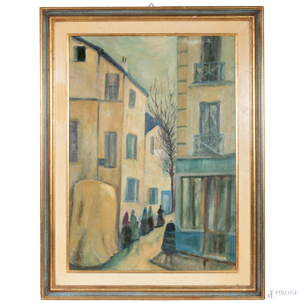 Scorcio di via con figure, XX secolo, olio su compensato, cm 70x50, entro cornice, (abrasioni, segni di usura)