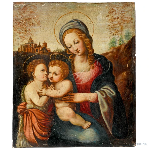 Madonna con Bambino e San Giovannino, olio su tavola, cm 44,5x37, XIX-XX secolo secolo (craquelere, cadute di colore, mancanze lungo i bordi)