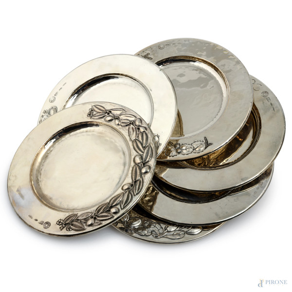 Lotto di 6 piattini in argento Brandimarte, peso gr 500, diametro cm 14