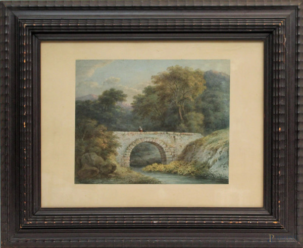 Paesaggio con ponte e figure, acquarello su carta cm. 28x34,5, recante firma E. Coleman 1860, entro cornice.