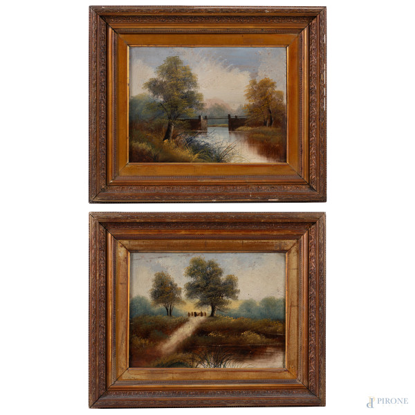 Coppia di paesaggi, XX secolo, olio su cartone, cm 29x29, entro cornice, (segni di usura, difetti)