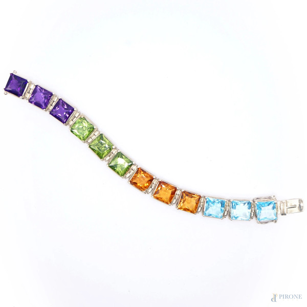 Bracciale in argento con pietre idrotermali multicolor, peso gr. 45,1, lunghezza cm 16,5