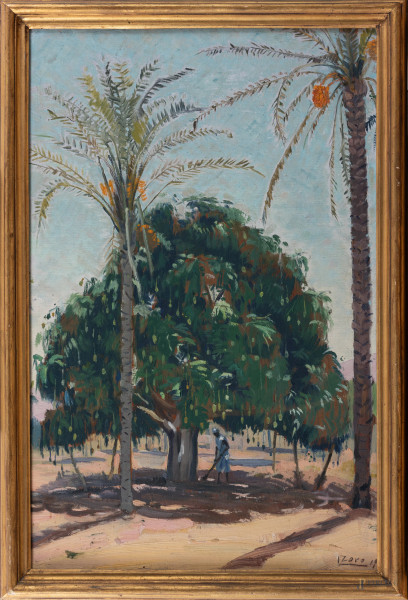 Paesaggio orientale, XX secolo, olio su compensato, cm 60x39, firmato "L. Zaro"  in basso a destra, entro cornice