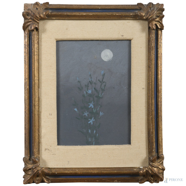Notturno con fiori, tecnica mista su tela, cm 18x13,5, entro cornice, (lievi segni di usura)