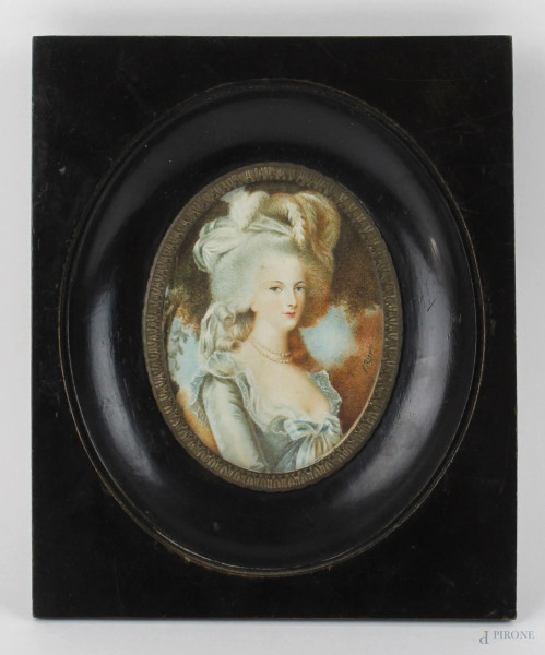 Miniatura raffigurante ritratto di Maria Antonietta, cm. 8x7, firmata, entro cornice.