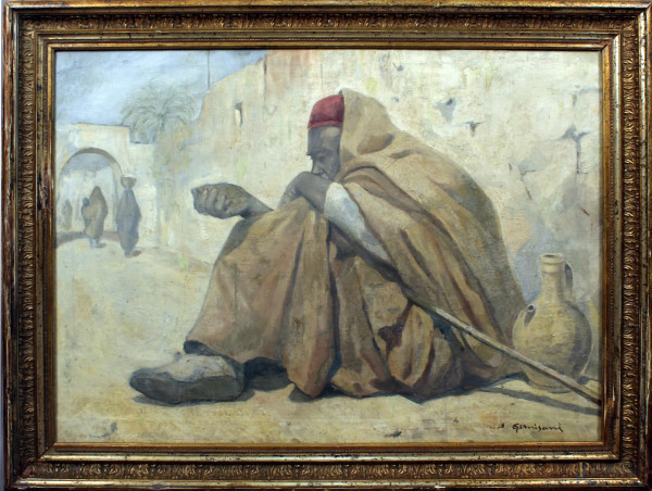 Mendicante arabo, olio su tela, cm. 64x91, firmato Amisanti, entro cornice.