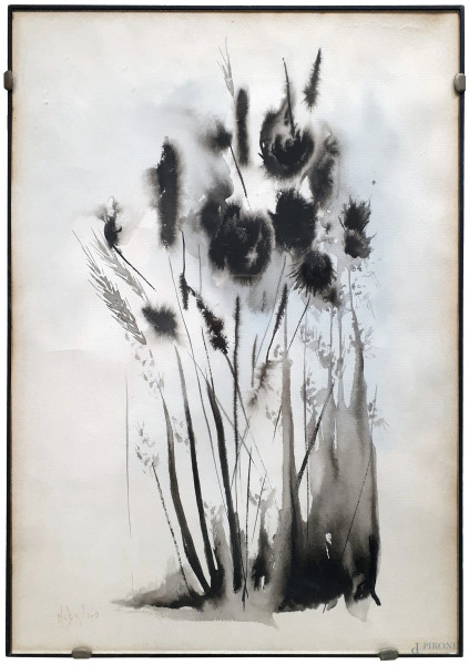 Composizione floreale, acquarello e inchiostro di china su carta, cm 48x33, firmato