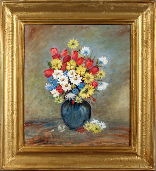 Vaso con fiori, olio su cartone telato, cm. 39,5x35, firmato e datato, entro cornice.