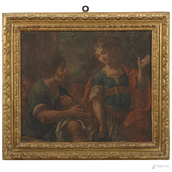 Erminia, XVIII secolo, olio su tela, cm 35,5x51,5, entro cornice, (segni di usura, abrasioni, cadute e sollevamenti di colore)