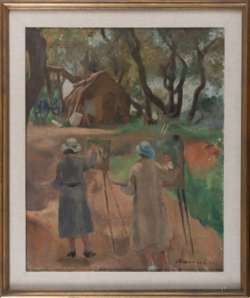 Le pittrici, XX secolo, olio su tela, cm 61x50, firmato in basso a destra, entro cornice