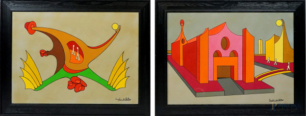 "Dorsena della Giudecca" e "Osservatorio Orbitante", due dipinti ad olio su tela, cm 50x70, firmati Cecchi da  Feltre, entro cornici