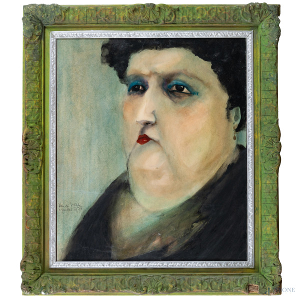 Ritratto di signora, tecnica mista su carta, cm 58,5x49,5, firmato e datato 