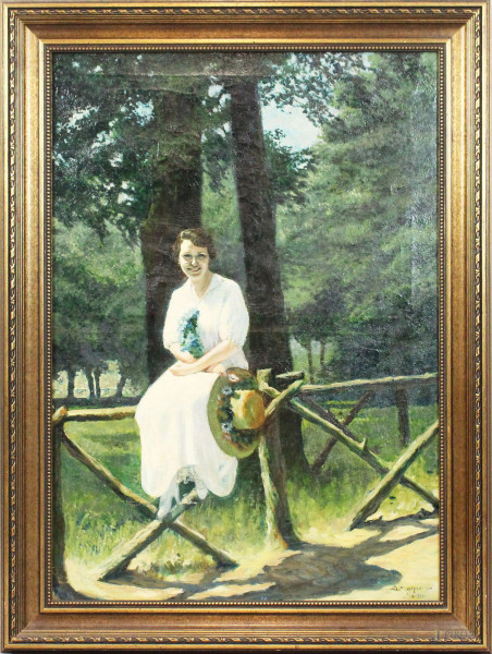 Arnaldo Malpieri - Villa Borghese con donna, olio su tela, cm 81x57, entro cornice