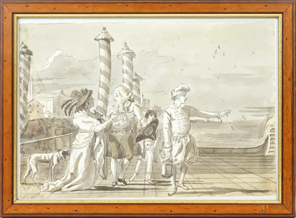 Da Giovanni Domenico Tiepolo (Venezia 1727-1804), Venezia-incontro al molo, inchiostro bruno e acquarello su carta, cm 23x33,5, entro cornice