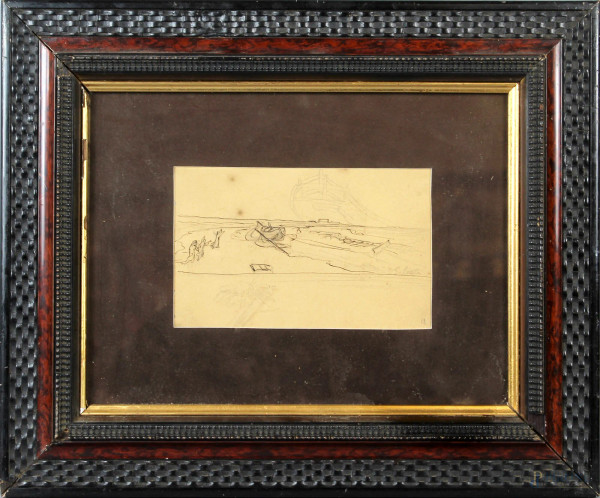 Spiaggia con figure, bozzetto a matita su carta, cm. 10,5x17, firmato G. Cosia, entro cornice.
