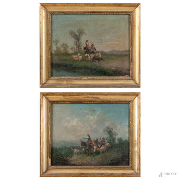 Coppia di paesaggi con contadini e armenti, XIX-XX secolo, olio su tela, cm 41,5x52,5, entro cornice, (segni di usura, craquelure, cadute e sollevamenti di colore, segni di battitura del telaio, difetti)