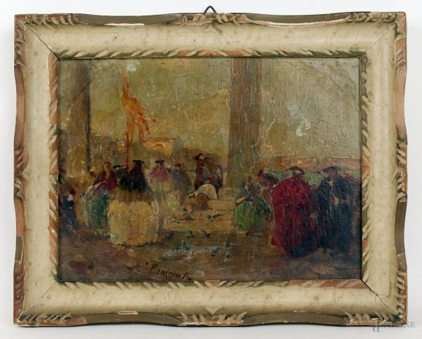 Scorcio di Venezia con figure, olio su tavoletta, cm 18x24, firmato, entro cornice