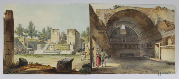 Lotto di due stampe colorate a soggetto di Roma , 13x16 cm