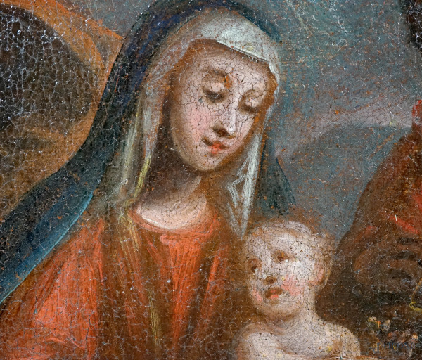 Scuola italiana del XVII-XVIII secolo, Adorazione dei Magi, olio su tela, cm 31,5x43, entro corni...