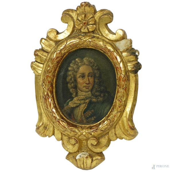 Miniatura raffigurante un gentiluomo, XVIII secolo, olio su tavoletta, misure comprese la cornice cm 16x10