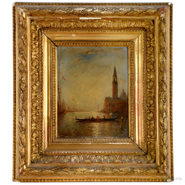 Venezia, olio su tavola, XIX secolo, cm 23x18 entro cornice, (difetti)
